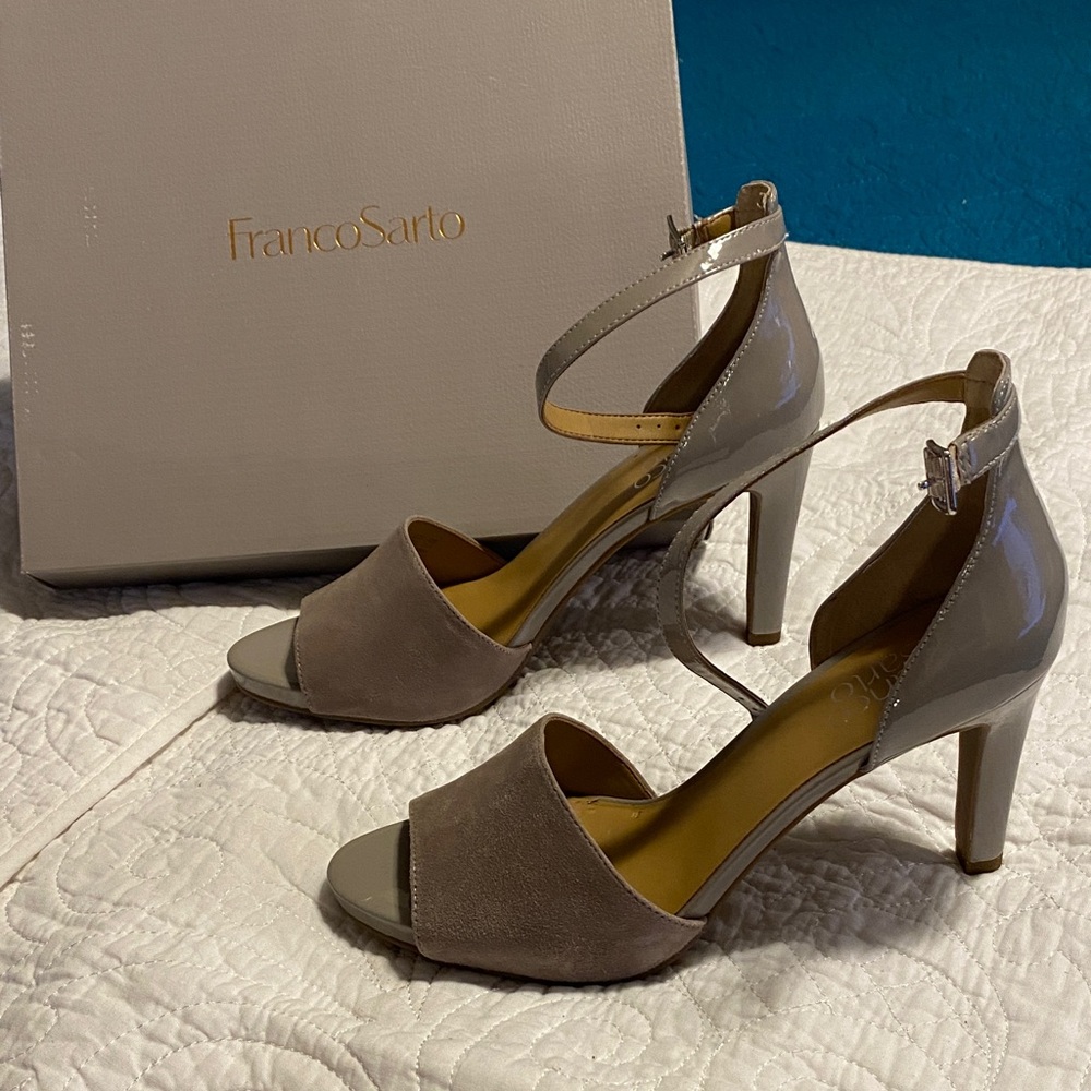 Franco Sarto Taupe and Gray Strappy Heels
